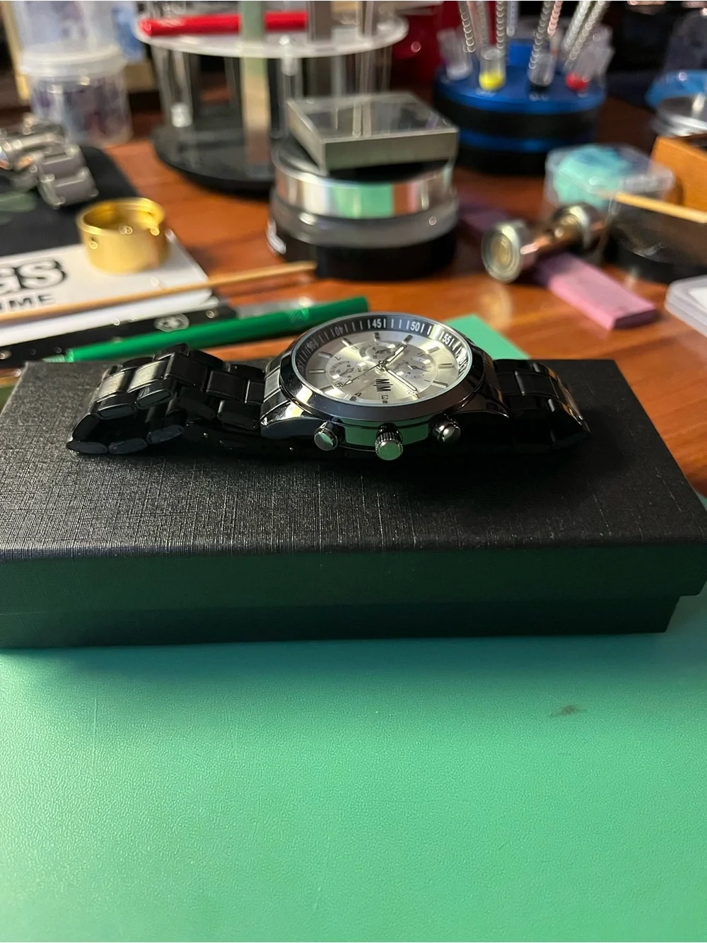 M|M Stainless Steel Chronograph Watch - Silver Dial, Black Bracelet